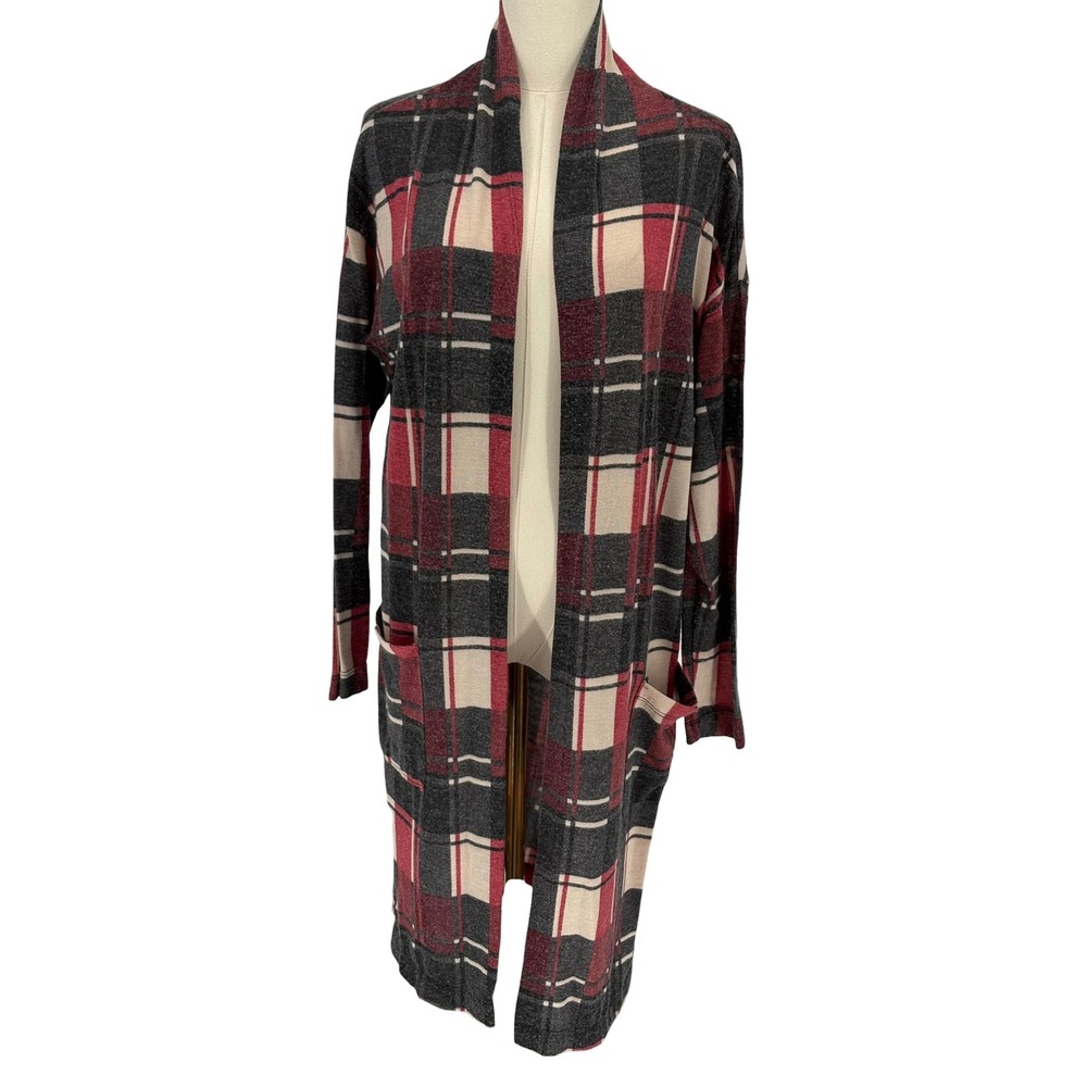 Brittany Black Cardigan Red Black Plaid Open Front Duster Pockets Medium
